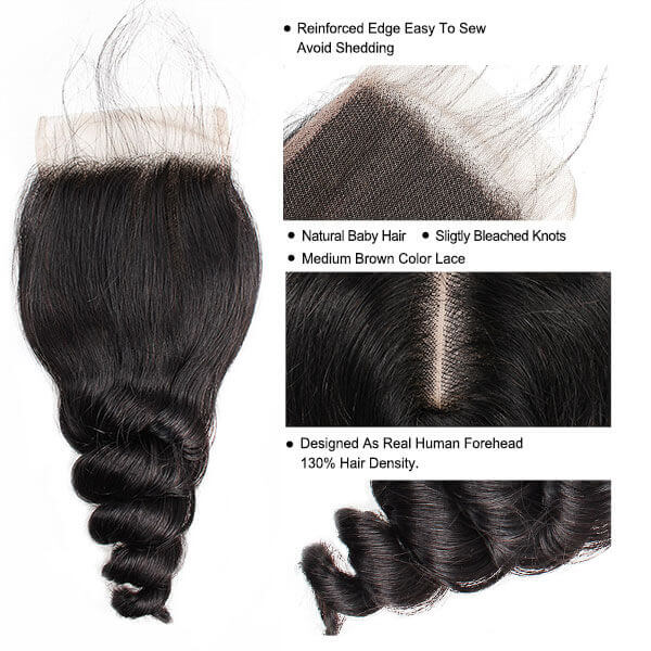 Loose Wave Human Hair 4*4 Lace Closure 1 Piece 10A Brazilian Hair Swiss Lace