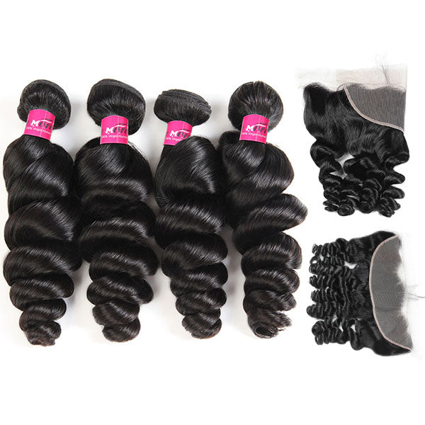 Virgin Peruvian Loose Wave Hair 4 Bundles with 13*4 Lace Frontal