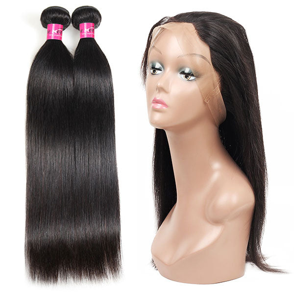 Peruvian Straight Hair Weave 2 Bundles with 360 Lace Frontal