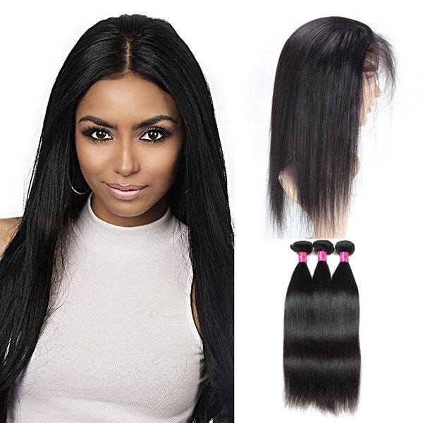 Virgin Indian Straight Hair 360 Lace Frontal with 3 Bundles Human Hair Deals - OneMoreHair