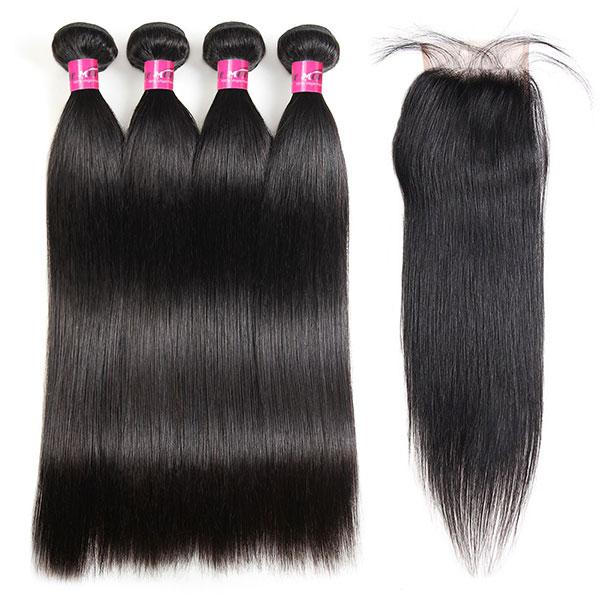 10A Virgin Brazilian Straight Hair 4 Bundles with 4*4 Lace Closure - OneMoreHair