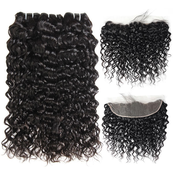 peruvian water wave hair 3 bundles with 13*4 lace frontal