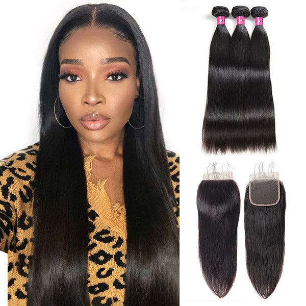 Straight Hair 3 Bundles with 4x4 Lace Closure
