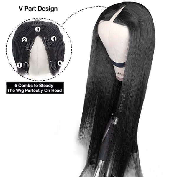 V Part Wig Tranparent Lace Front Human Hair Wig Natural Color Thin Part Wigs
